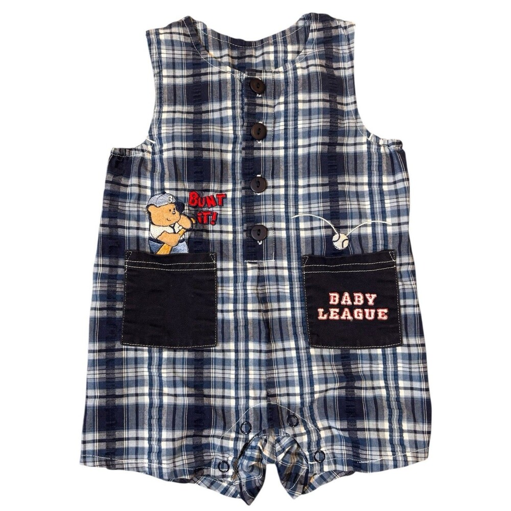 Vtg Cradle Togs Boys 6-9 Months Romper Blue Plaid Bear Baseball Embroidered